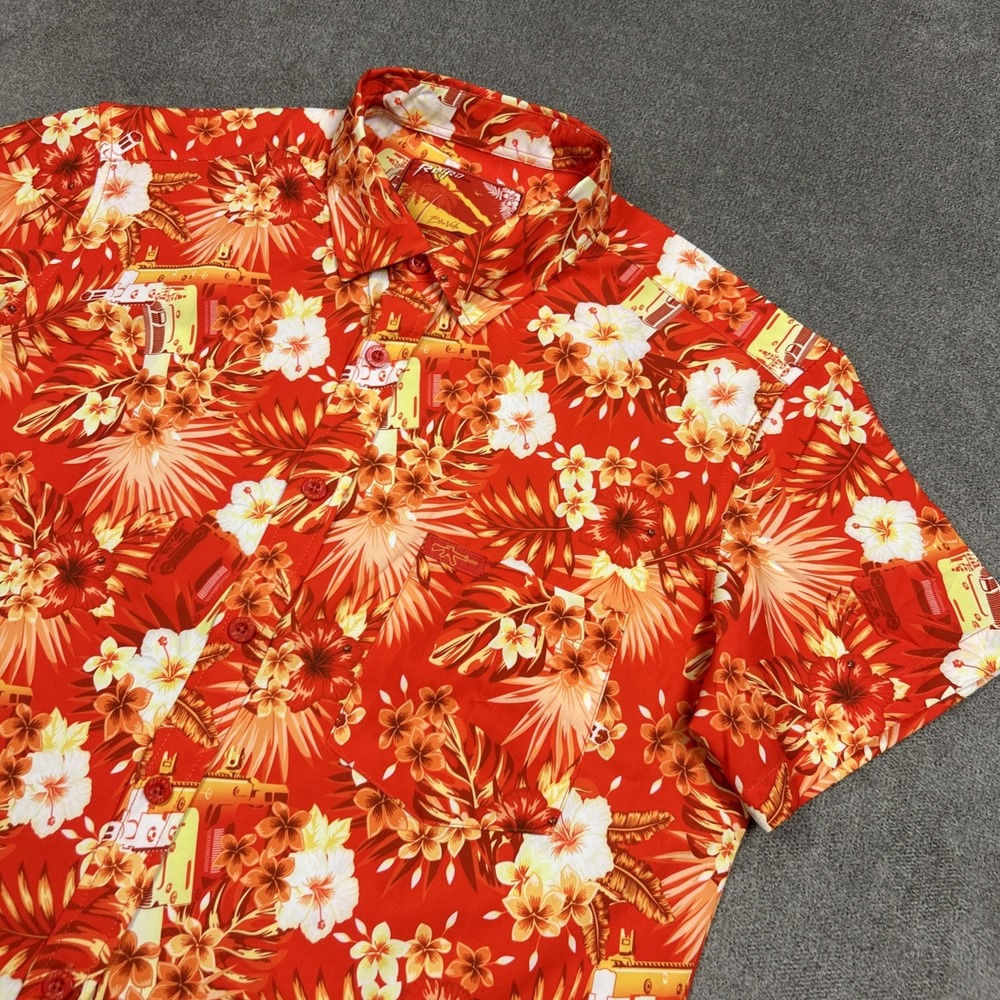 Retro Rifle Shirt Mens Medium Hawaiian Hibiscus Floral Short Sleeve Stretch